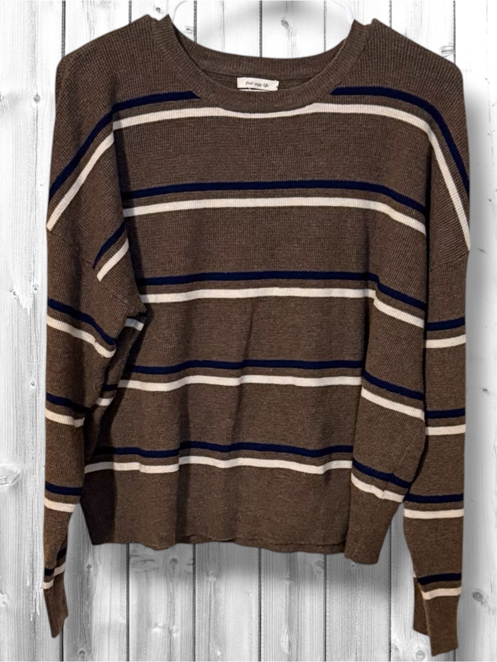 🌼Thread & Supply Brown Crewneck Sweater with Navy & Cream Stripes